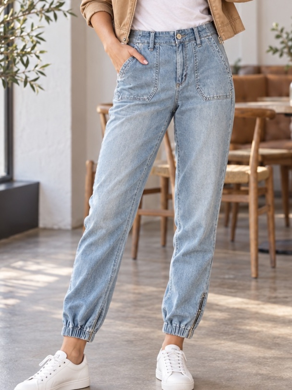 PAIGE Mayslie Denim Jogger Jeans Light Wash Ankle Zip Size 25 Minimalist Teen